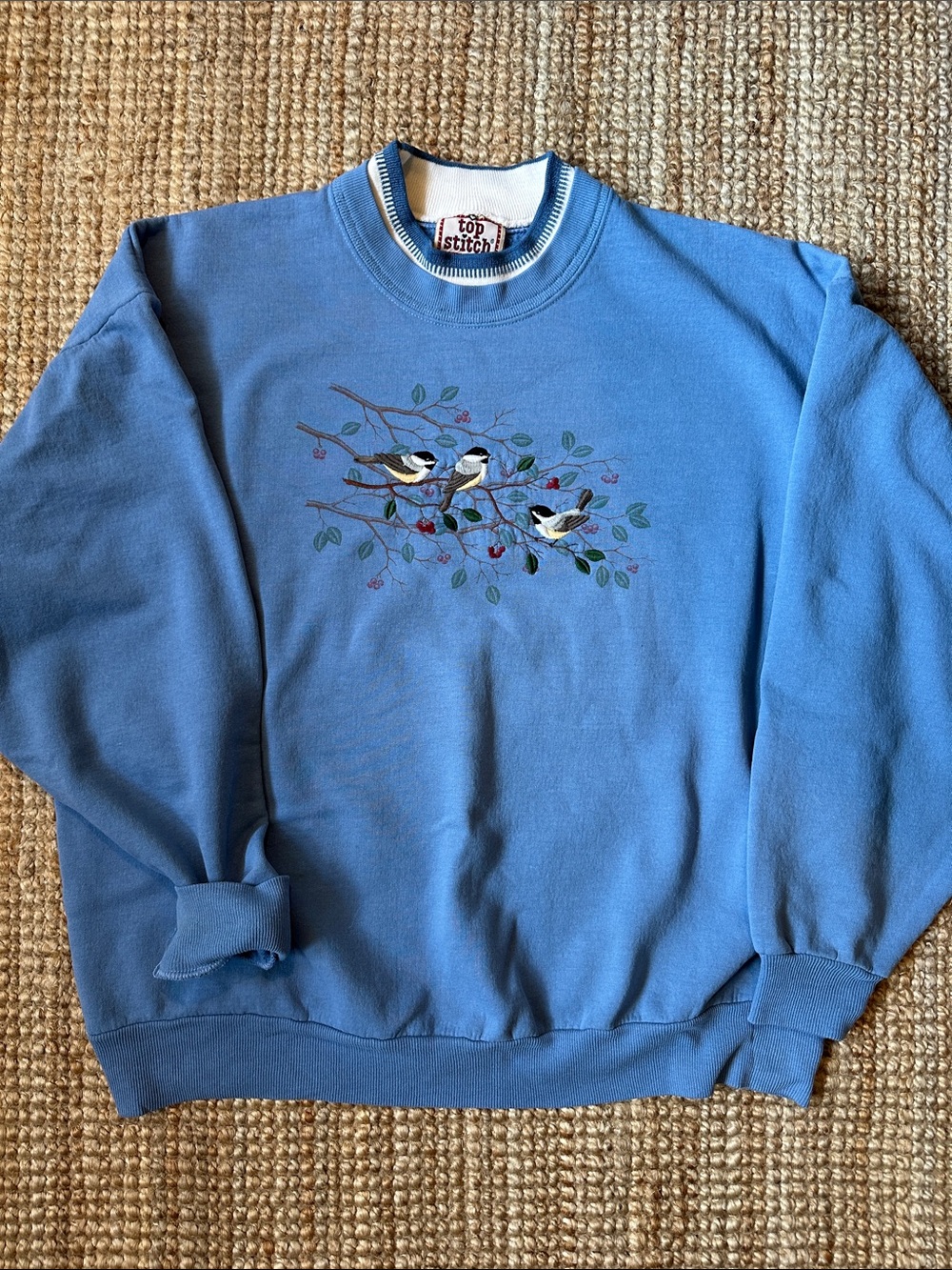 Top Stitch Sky Blue Crewneck Sweater with Bird Embroidery